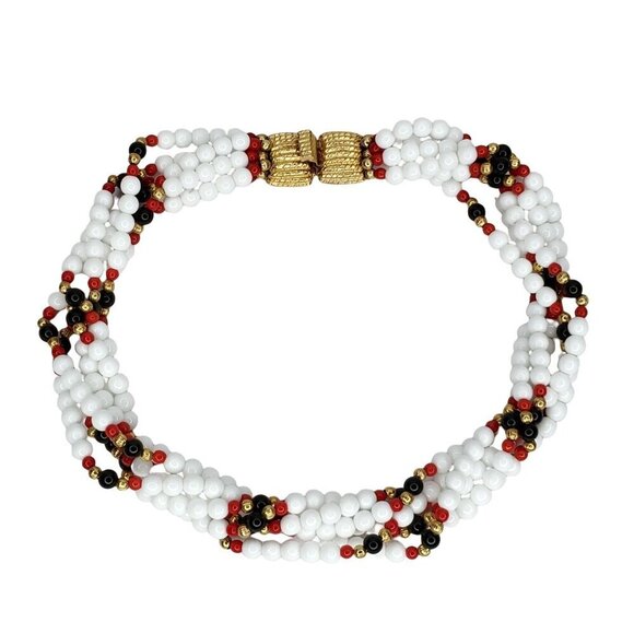 Vintage Multistrand Glass Bead Necklace White Red Black Gold Twist Choker 17" - Picture 1 of 4
